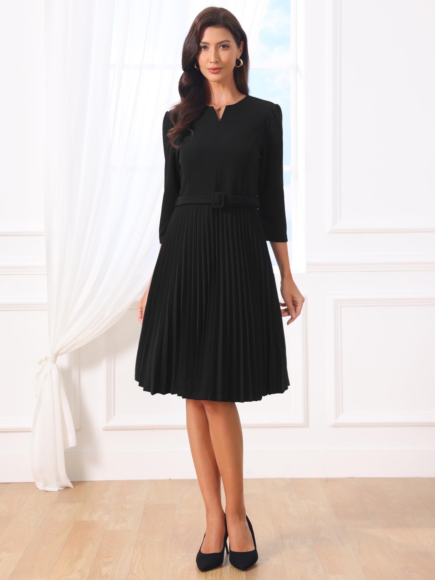Hobemty Mujer Vestido Elegante Plisado Escote en V Manga 3/4 Cinturón 2026