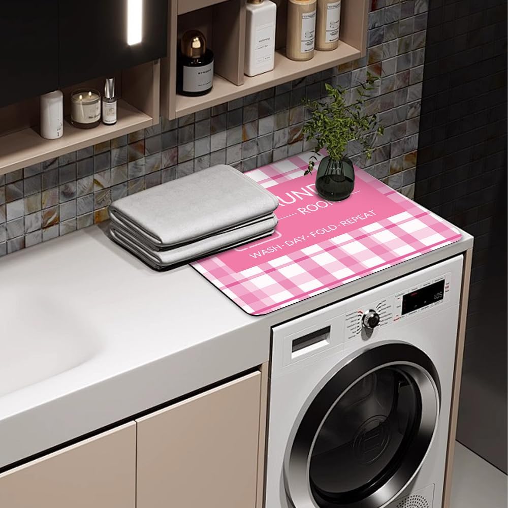 Flowers Washer Dryer Dust Cover Mat For Top Creative Washing Machine Dust Cover Pad Fast Drying Absorbent Mat Top Protector Mat for Kitchen Laundry Room (Pink Grid, 23.6 * 19.7'')