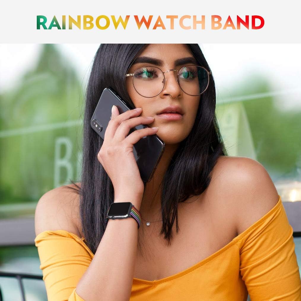 Bandmax Rainbow Watch Band Compatible with Apple Watch,LGBT Woven Nylon Wristband Replacement Sport Strap Compatible with iWatch Series 6 5 4 3 2 1 38MM 40MM All Models(Black Bottom Black Buckle) Photo