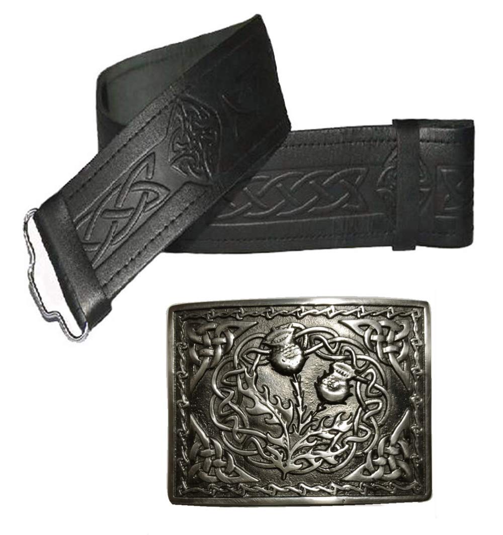 Maze Men's Embossed Black With Antique Thistle Pair Buckle Leather Kilt Belt And Buckle - Many Sizes And Designs To Choose From