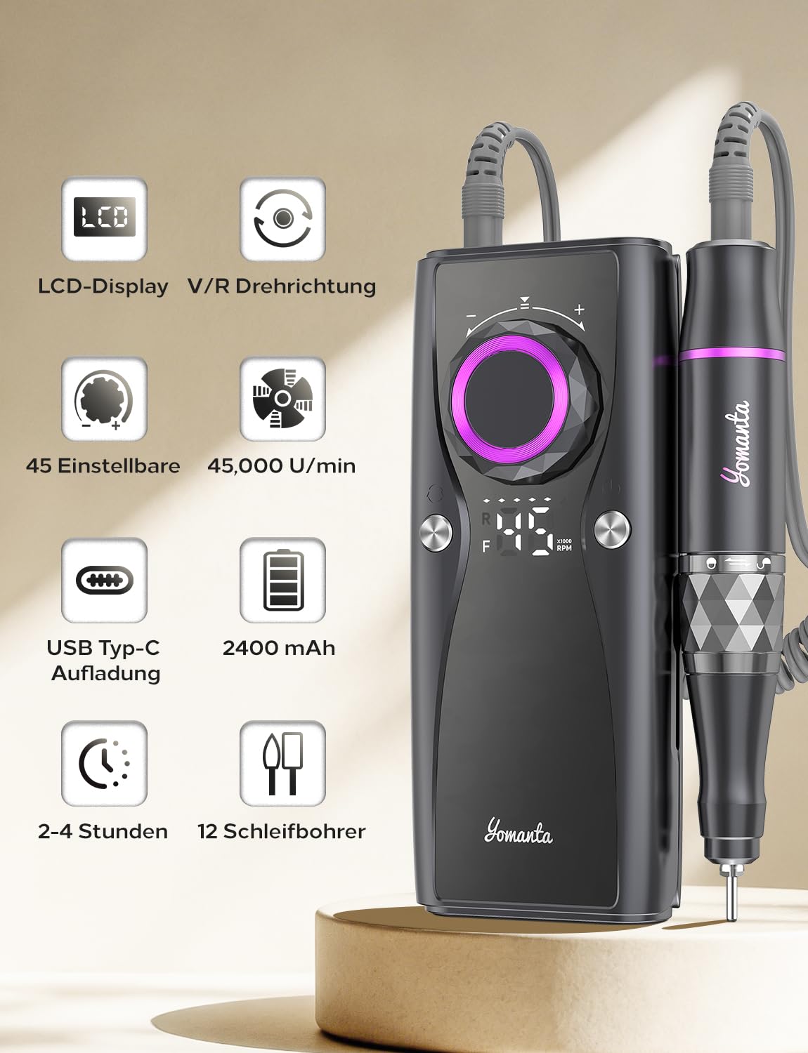 yomanta Nagelfräser Professionell set 45000 RPM Tragbare Elektrische Nagelfräser 10H+Batterielebensdauer Wiederaufladbar Nagelfräser für Gelnägel, LCD-Anzeige Einstellbare Drehrichtung