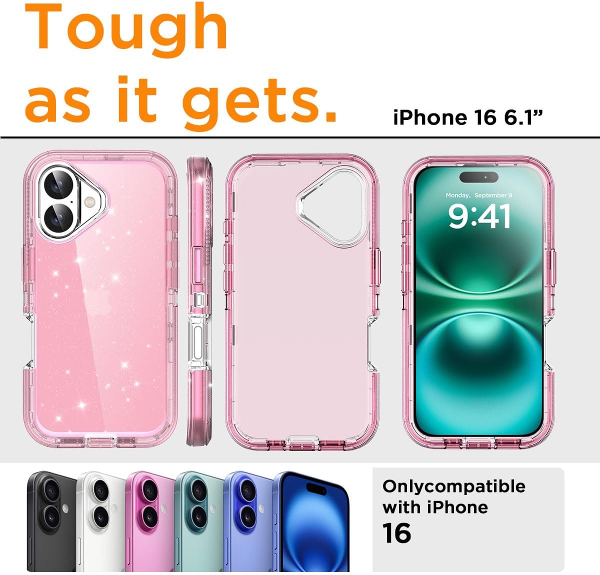 AICase for iPhone 16 Case Clear Glitter Bling 3 in 1 Heavy Duty Drop Protection Full Body Rugged Shockproof/Dust Proof 3-Layer Military Protective Tough Durable Cover for iPhone 16 6.1"_4 - Image 9