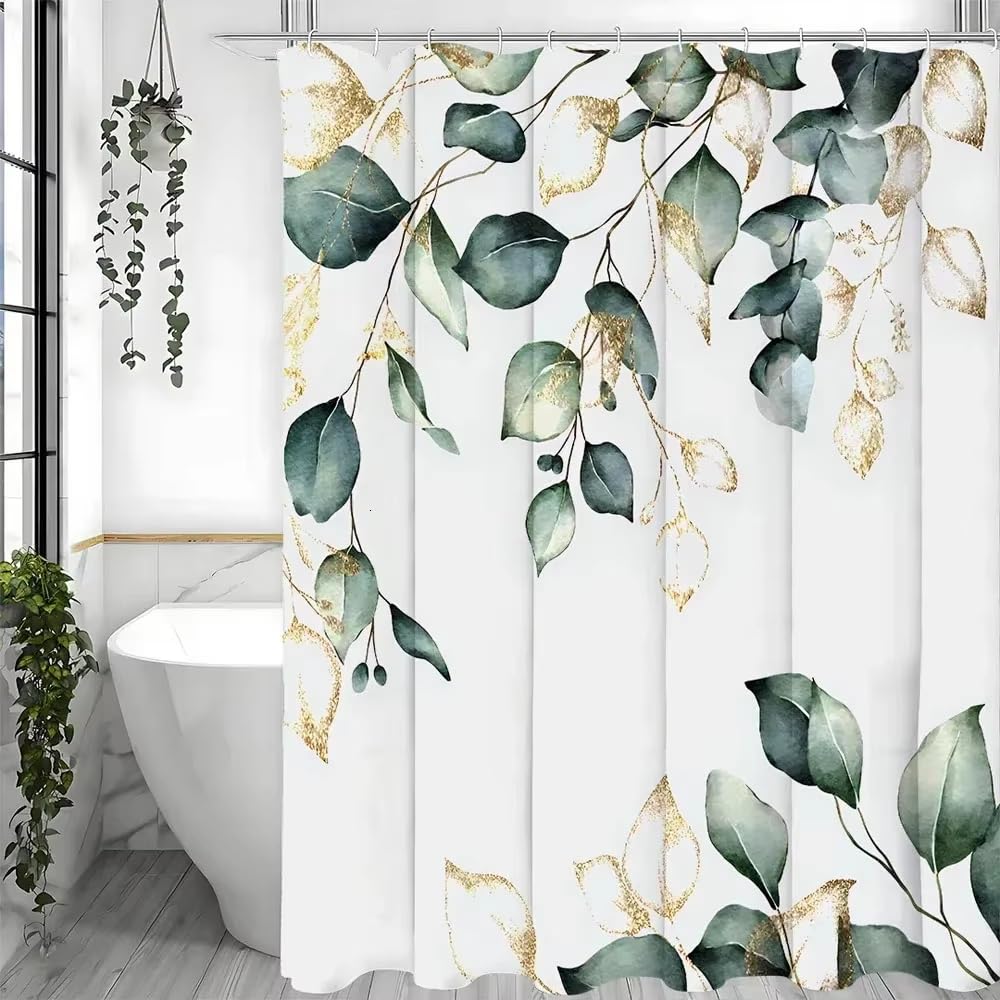 Rideau de Douche à Motif Eucalyptus Vert avec Anneaux en Métal Imperméable Anti-Moisissures Polyester Tissu Rideau Salle de Bain Lourd pour Baigoire Angle Salle de Bain 214x100cm/WxL