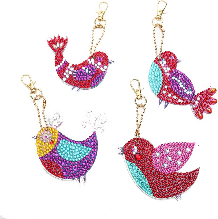 Akaddy DIY Bird Mosaic Keyring Drill Special Shape Diamond Drawing Kit Cross Stitch Drill Crystal Rhinestone Painting Embroidery Paintings Pictures, 4pcs