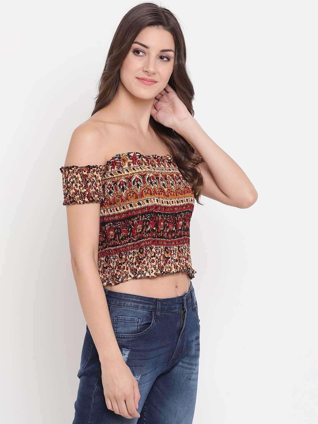 Zenvy Crafts Women's Rayon Printed Off-Shoulder Smocked Crop Top Short Sleeve Casual Styles Tank Top (Free Size) Multi7