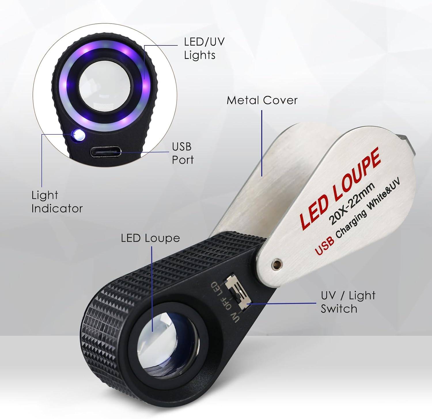 20X Rechargeable Loupe Magnifier with LED and UV Light,Foldable Pocket Magnifier Loupe, USB Jewelers Loupe Magnifying for Jewelry, Rocks, Coins