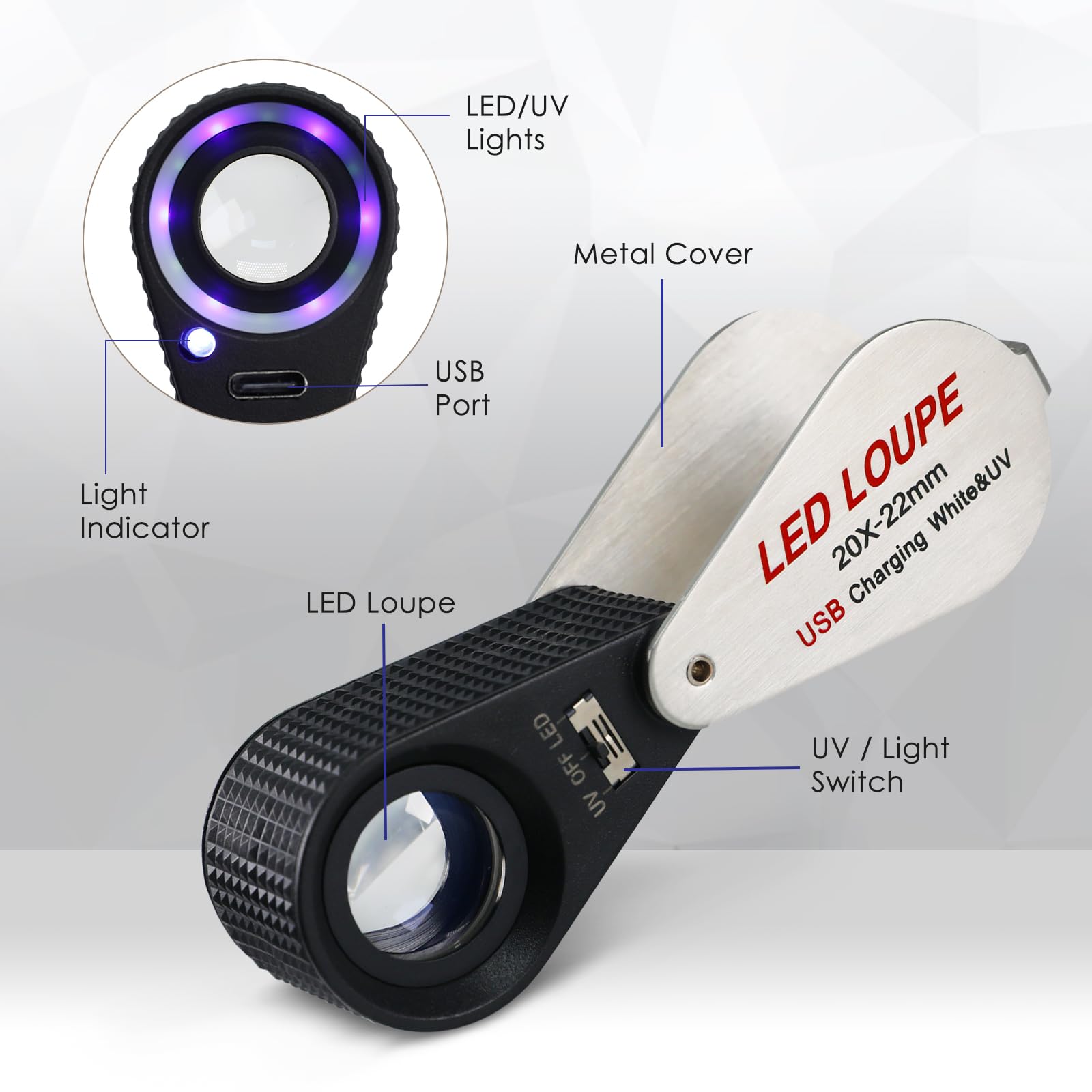 Lupa de 20 aumentos con luz LED y UV, lupa plegable de bolsillo, lupa recargable por USB para joyas, piedras, monedas