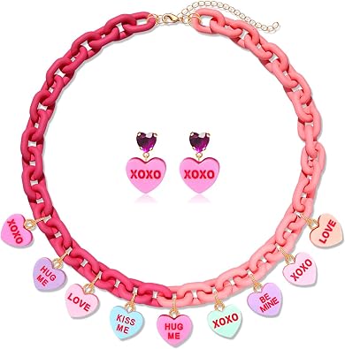 Valentines Day Necklace Earrings for Women LOVE XOXO Conversation Heart Choker Necklace Pink Chunky Link Chain Necklace Valentines Day Outfits Jewelry Gifts Party Favors