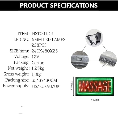 Miniatura 4 de Letrero de masaje LED para negocios, letrero abierto LED súper brillante para masajista, letrero de publicidad eléctrica para terapia de masaje,