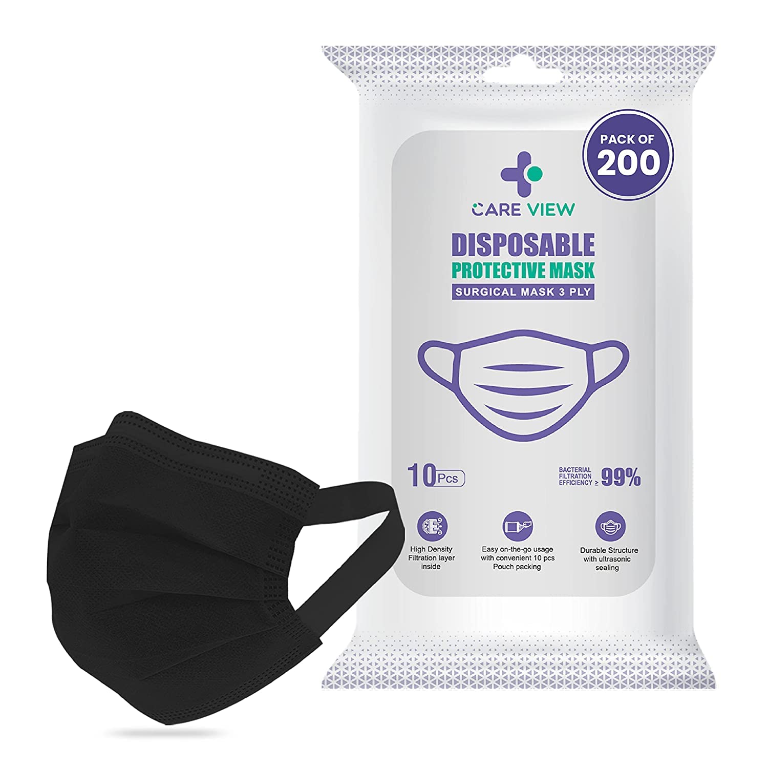 CARE VIEW N95 3 Ply Disposable Face Mask Pouch with SOFT FABRIC Earloop, Certified by BFE>99% and PFE > 95%, SITRA, DRDO, ISO and CE (Black) (Pack of 200)-image-42