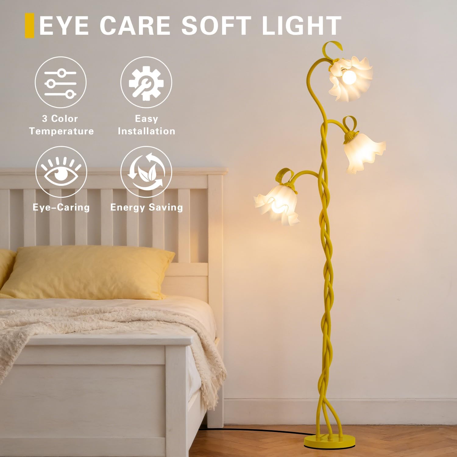 WERFOP Flower Floor Lamp for Bedroom - 3 Color Temperatures Decorative Flower Tall Floor Reading Lamp with Flexible Neck for Bedroom Living Room Office Corner (Yellow)