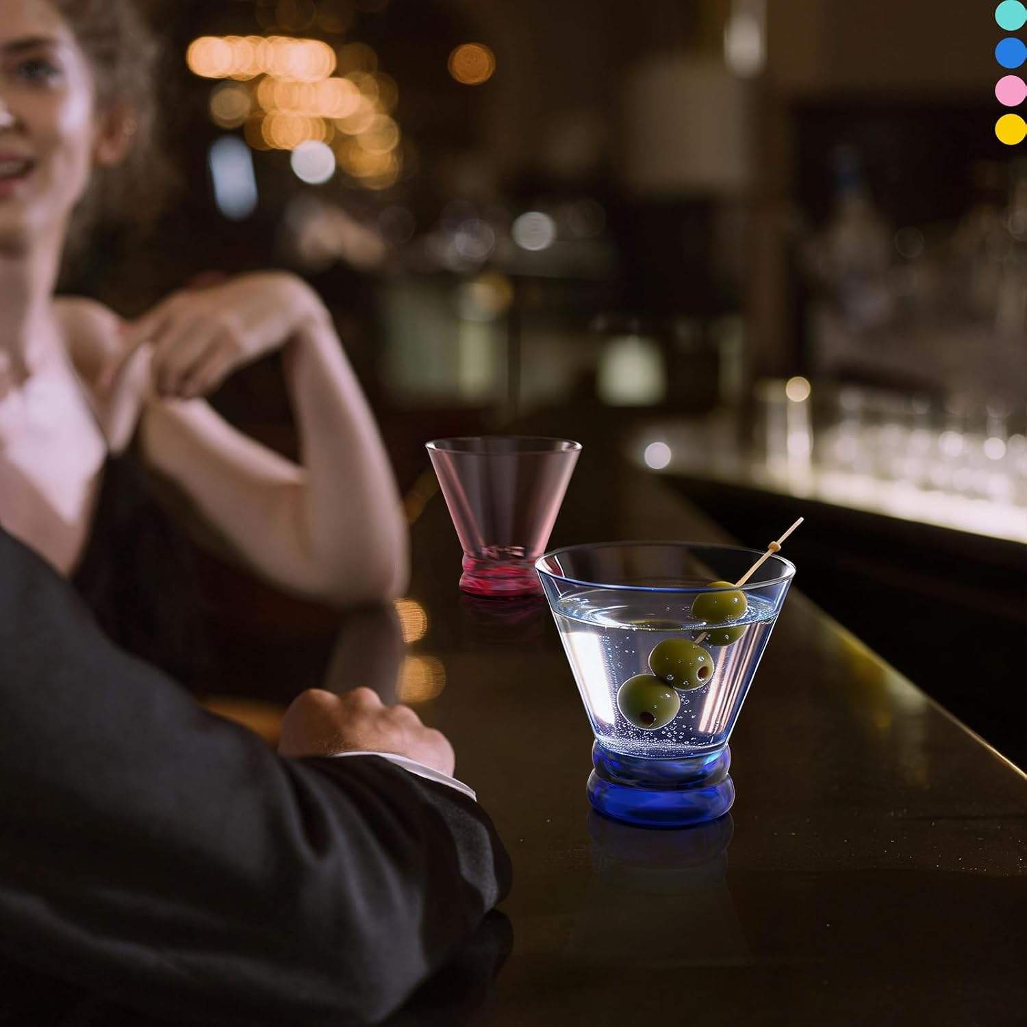 NUTRIUPS 8oz Colorful Stemless Martini Glasses Set of 4, Blue/Yellow/Pink/Green Cocktail Cups, Bar Glassware for Home Party, Wedding & Daily Use (Multi)