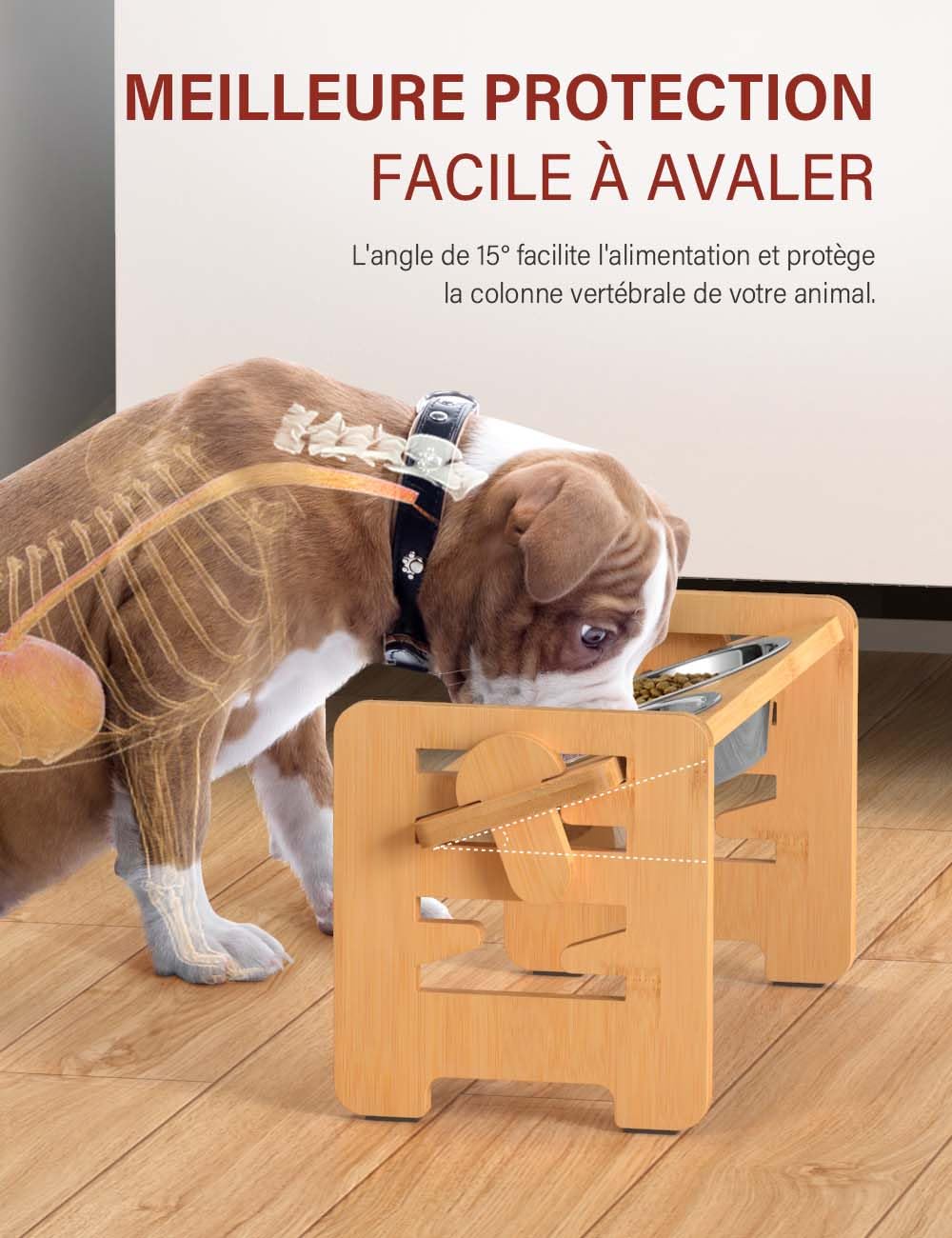 Vantic Gamelle Chien Surelevee de 6 Hauteurs Ajustables, Support Gamelle Chien Surelevee, Station d'alimentation en Bambou avec 2 Bols en Acier Inoxydable