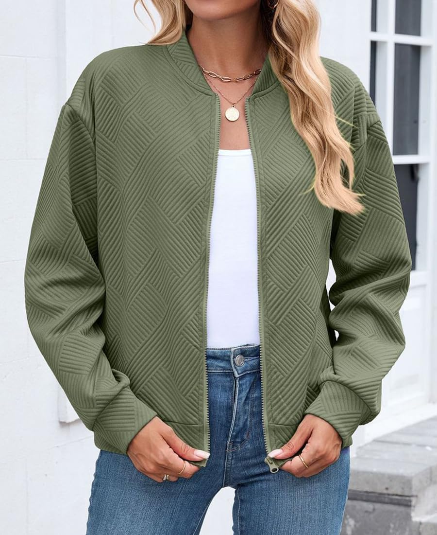 Women's Zip Up Cropped Jacket Loose Long Sleeve Round Neck Lightweight Coat Casual Coarse Knitted Baseball Jacket - Image 6