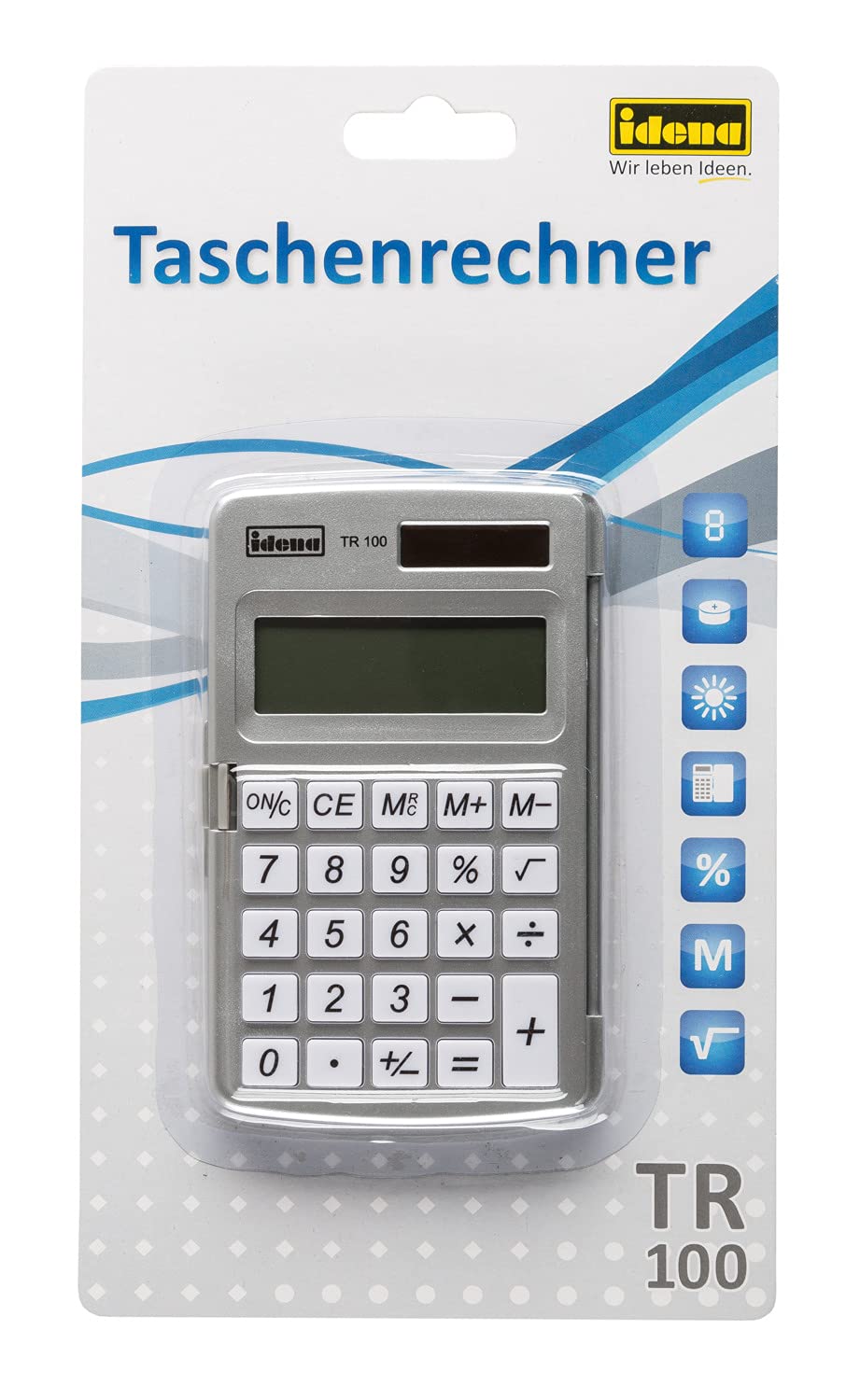 Calculatrice De Poche TR100 Idena | Énergie Solaire, Pile Include | Écran 8 Chiffres, Fonction Mémoire | Couvercle Protection