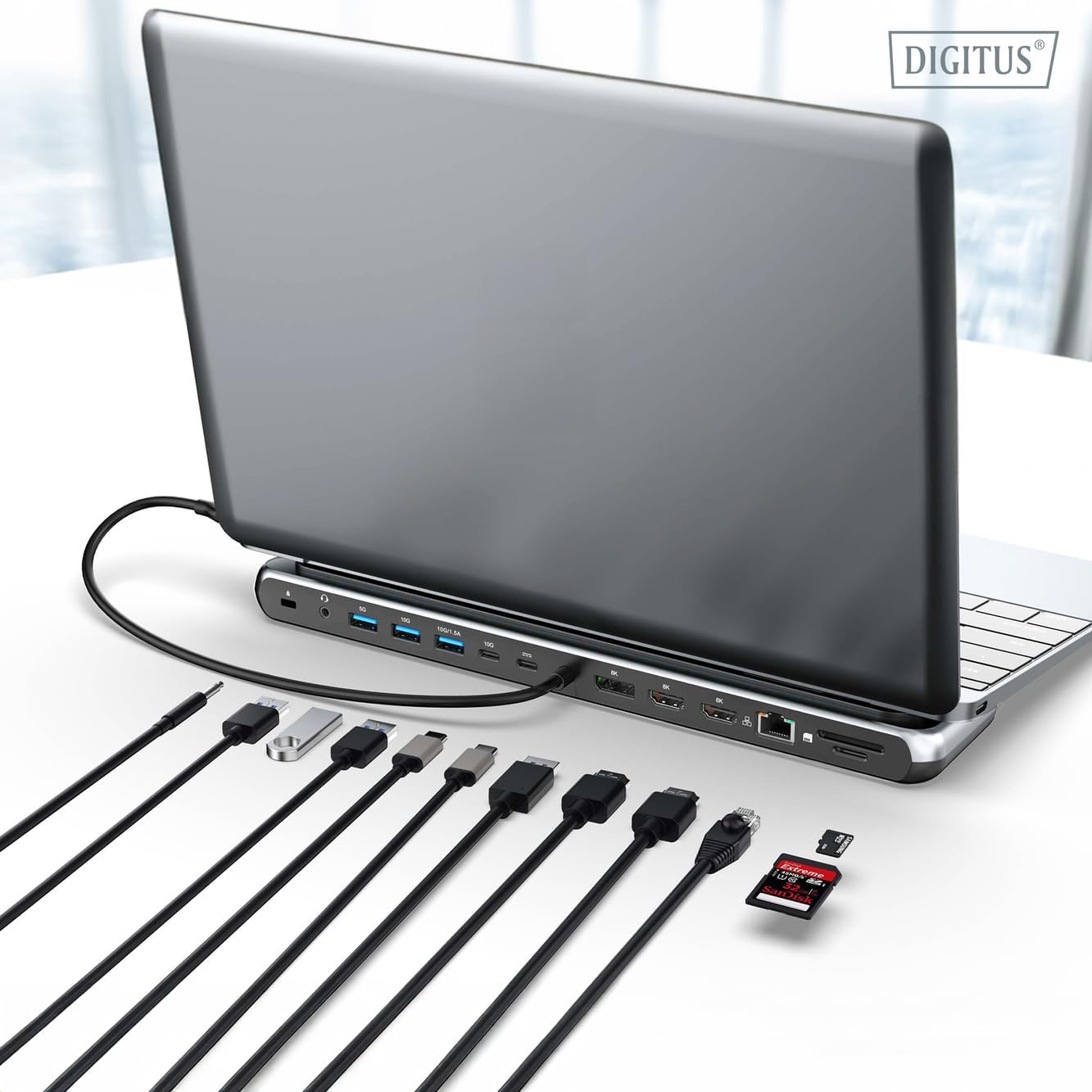Illustration of the docking station's fast charging capability via USB-C Power Delivery.