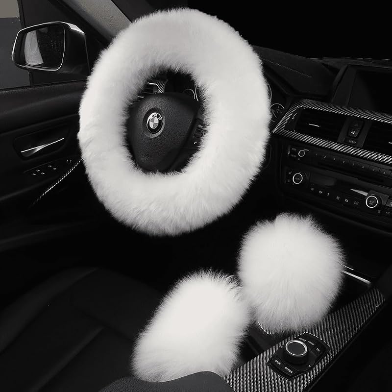 Kit de capa para volante em lã felpuda branca AOGELAN com capas para câmbio e freio de mão, 3 peças