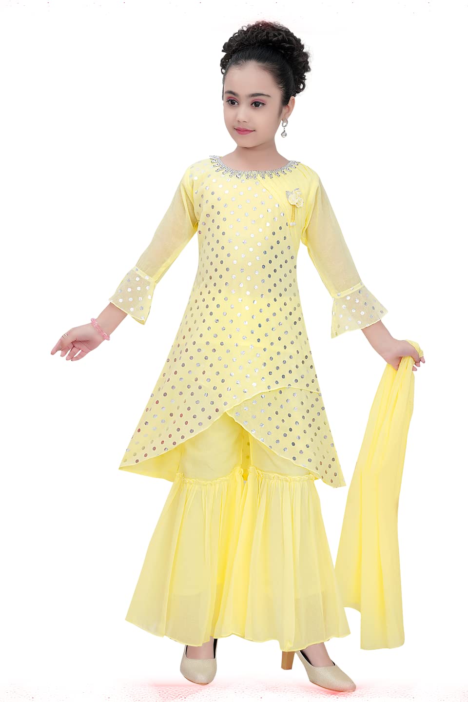 Ethnic Indian Girls Kurta Plazzao Dress Set, Thread Sequin Embriodery, Size 3 Years to 16 Years