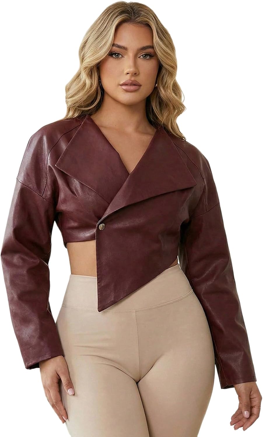 Women's Y2k Faux Leather Cropped Jacket Wrap Button Front Lapel Collar Asymmetrical Outerwear Streetwear
