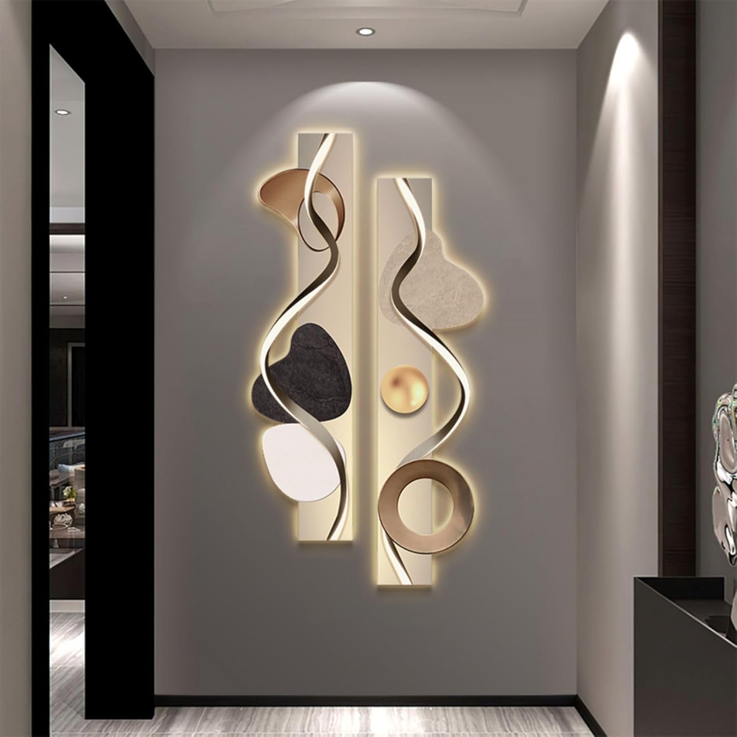 homary LED Wall Art, Modern Abstract Geometric Dual-Panel Sculpture with Backlit Light, Contemporary Decorative Wall Decor for Living Room, Bedroom, Office (USB Powered)