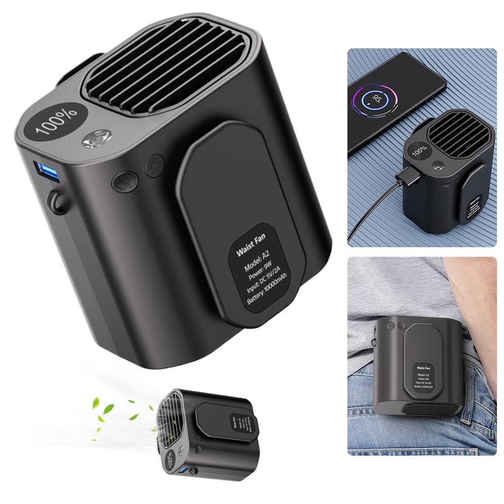 Ventilador con clip para la cintura, ventilador personal para colgar, ventilador multifunción con banco de energía, pantalla LED, ventilador con clip para cinturón para jardinería al