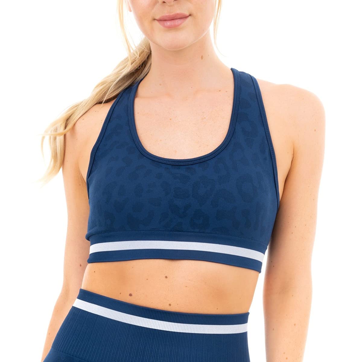 M17 Womens Ladies Sports Bra Leopard Print Seamless Removeable Pads Racerback Bras Stretchy Sportswear Gym Workout Running Yoga Top (M, Navy)