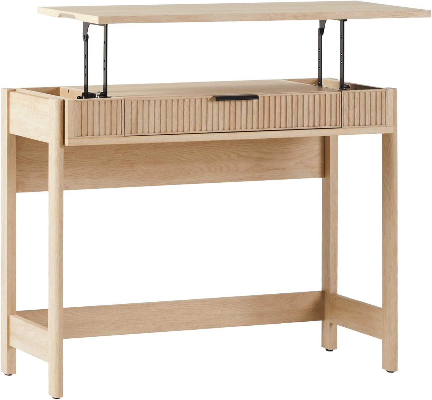 Walker Edison Transitional Style Furniture, Reeded Detail, Lift-Top Desk with Drawer and Storage Cubby, Sitting to Standing Desk, Soft Self-Close Desktop, 38 Inch, Coastal Oak