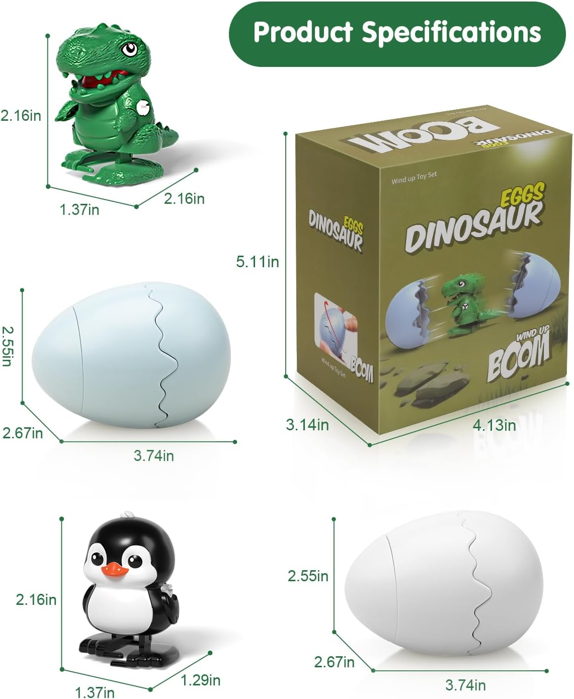 2 Pack Easter Toys Boom Eggs Wind-Up Surprise Eggs, Hatching Dinosaur Egg Toy for Kids, Walking Penguin Toys, Reusable Clockwork Dino Fun Dinosaurs Toys for Boys Girls Easter Gifts for Kids