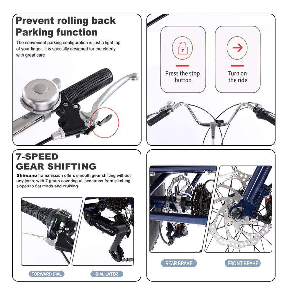 Trójkołowy rower dla dorosłych, 7-biegowy, wyjmowany kosz bagażowy dla seniorów dojeżdżających do pracy