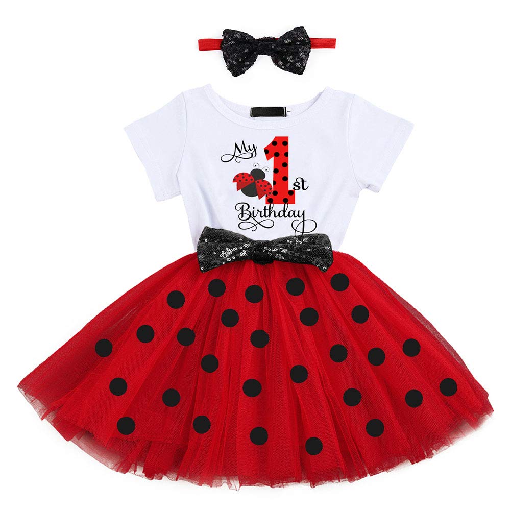Birthday Tutu Dress for Girls Infant Toddler Summer Short Sleeve 1 Polka Dots Ruffle Tulle Skirt Sequin Headband Set Soft Clothing Outfit Ceremony 2pcs my 1st birthday Ladybug 1T