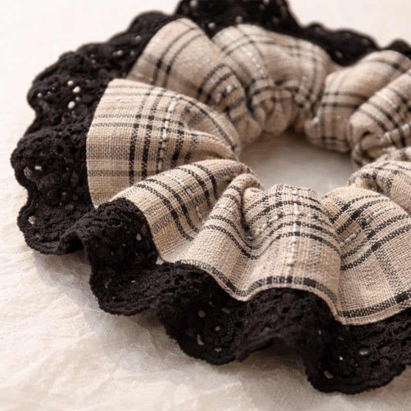 Oversized Lace Hair Scrunchies for Women, Cotton Linen Fabric Hair Ties, Gentle No Pull Elastic, Frizz Control & Thick Hair Friendly, Vintage Style, 2 Pack