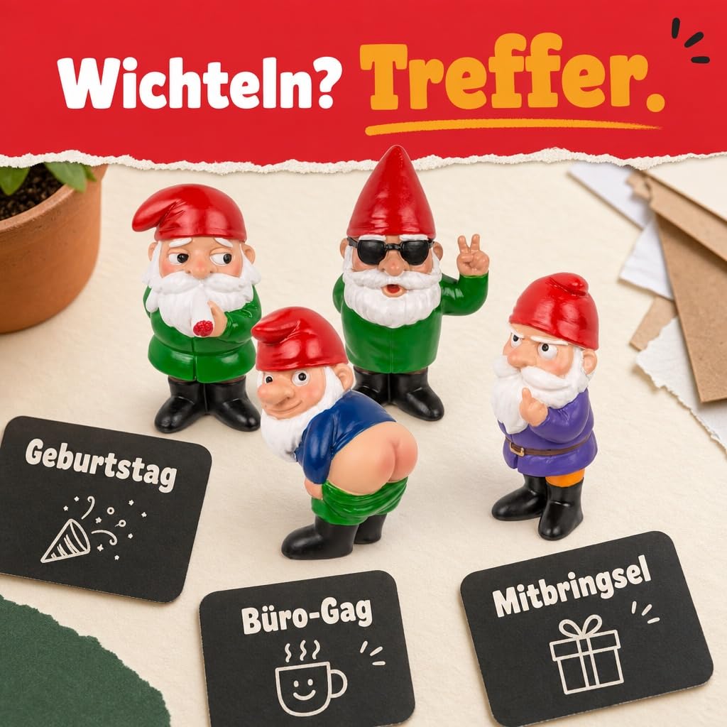 MIJOMA Zestaw bezczelnych krasnali ogrodowych – 4 mini krasnale z żywicy polimerowej ok. 4,5 x 7 cm – zabawne figurki dekoracyjne na biurko do roślin pokojowych, łazienki, na balkon, do biura