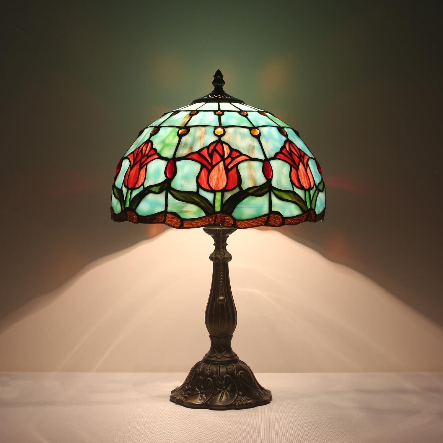 Stained Glass Tulip Table Lamp, Vintage Tiffany Style Reading Light, 12x12x19 Inch Antique Art Glass Desk Lamp for Home Office Bedroom Decor