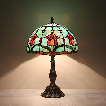 Stained Glass Tulip Table Lamp, Vintage Tiffany Style Reading Light, 12x12x19 Inch Antique Art Glass Desk Lamp for Home Office Bedroom Decor