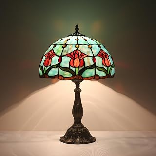 Stained Glass Tulipl Table Lamp, Vintage Tiffany Style Reading Light, 12x12x19 Inch Antique Art Glass Desk Lamp for Home Office Bedroom Decor
