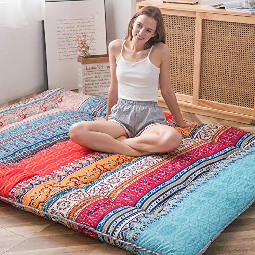 Image of MAXYOYO Bohemian Retro Floor Mattress Vintage Floral Japanese Futon Mattress Roll Up Tatami Floor Mat Portable Camping Mattress Sleeping Pad Floor Lounger Couch Twin Size
