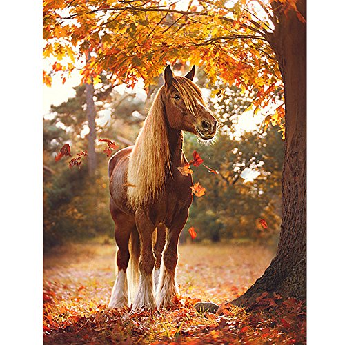 Full Diamond 5D Diy Diamond Painting"Horse & Autumn Maple Grove" Embroidery Cross Stitch Rhinestone Mosaic Painting Gift #TOP7