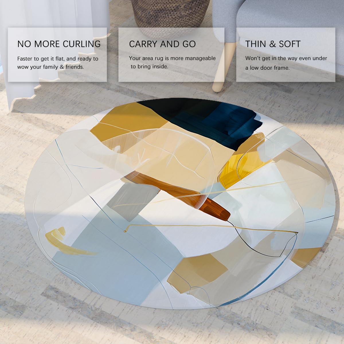 Abstraktes Kunstmuster Bereich Teppich 160cm Rund zeitgenössischer Blau-Gold-Geometrischer Design Küchenbodenmatte waschbare Wohnraumdekoration Akzentteppich für Büro