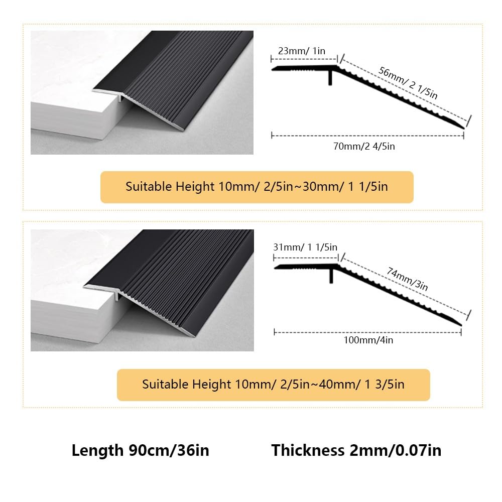 Aluminiowa listwa przejściowa, regulacja wysokości 10-40 mm, antypoślizgowy próg drzwi, czarna, 90 x 7 cm, trwałe rozwiązanie podłogowe dla bezpiecznego wejścia i wyjścia