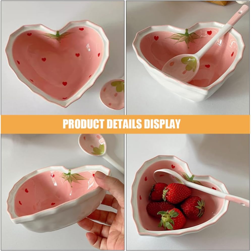 Hemoton Strawberry Heart Shaped Bowl and Spoon Set 5.51In Ceramic Kawaii Kitchenware for Salad Dessert Cereal Tableware and Home Decor