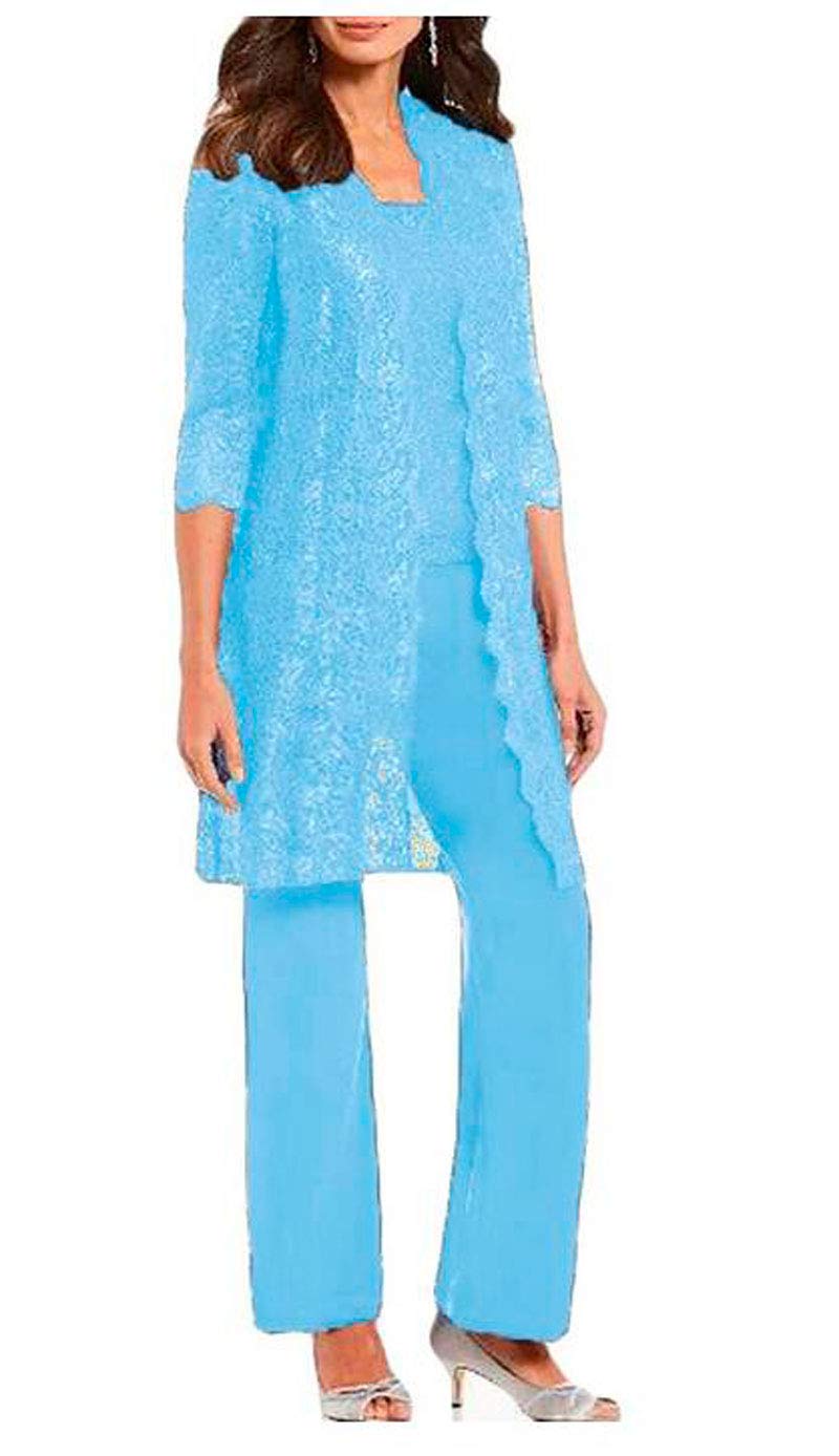 Botong Women's Light Blue 3 Pc Mother Of The Bride Pants Suit For Wedding Long Lace Jacket Chiffon Outfits For Prom Evening Uk14