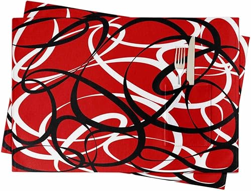 Juego de 2 manteles individuales para mesa de comedor, color rojo, negro y blanco, manteles individuales de tela de lino de algodón con bolsillo,