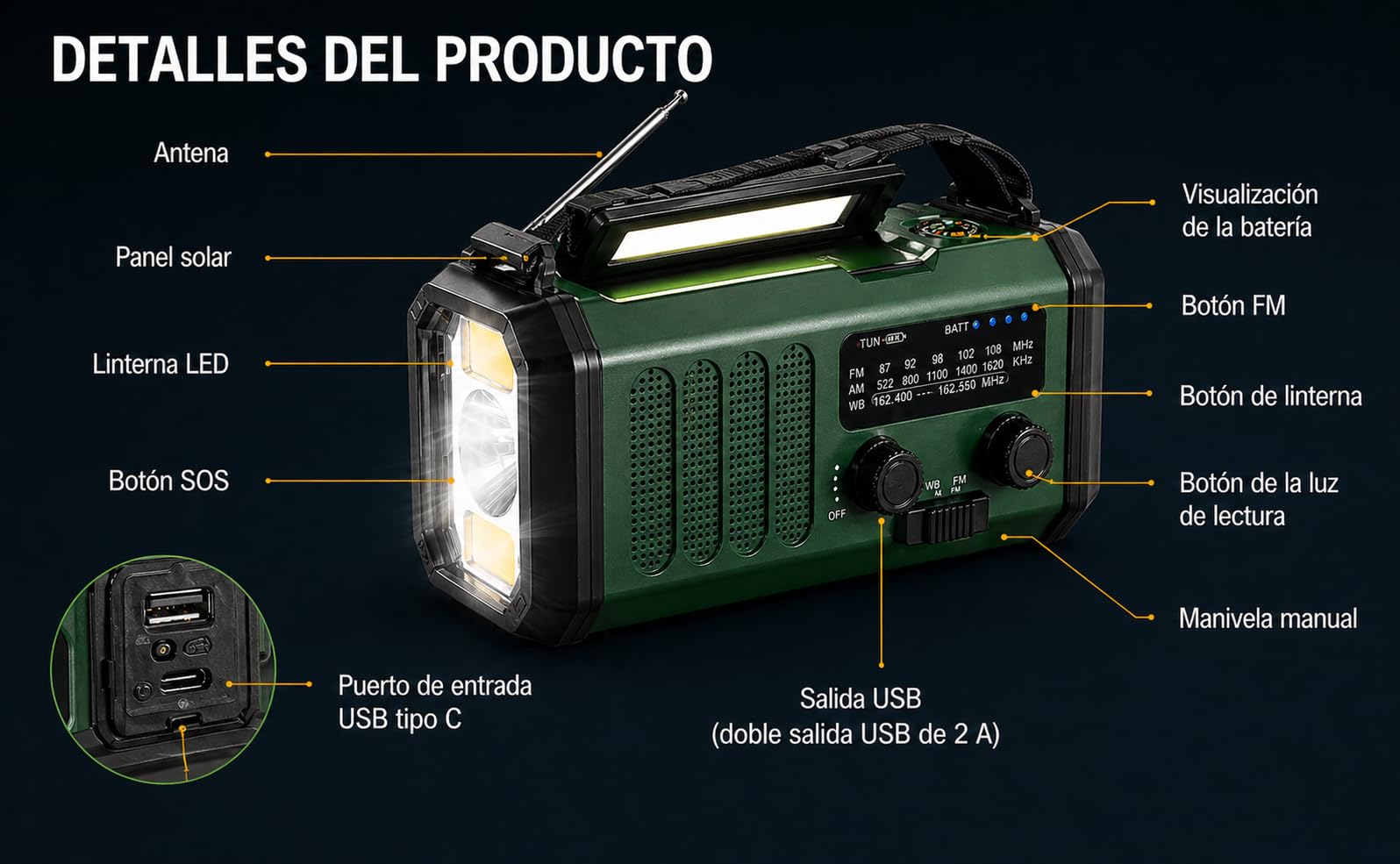 Winnes Radio de Emergencia portátil de 20000 mAh, Alarma SOS, Radio FM/Am, con luz de Lectura, brújula, Soporte para Coche Manual y energía Solar, para Camping al Aire Libre, Cortes de energía