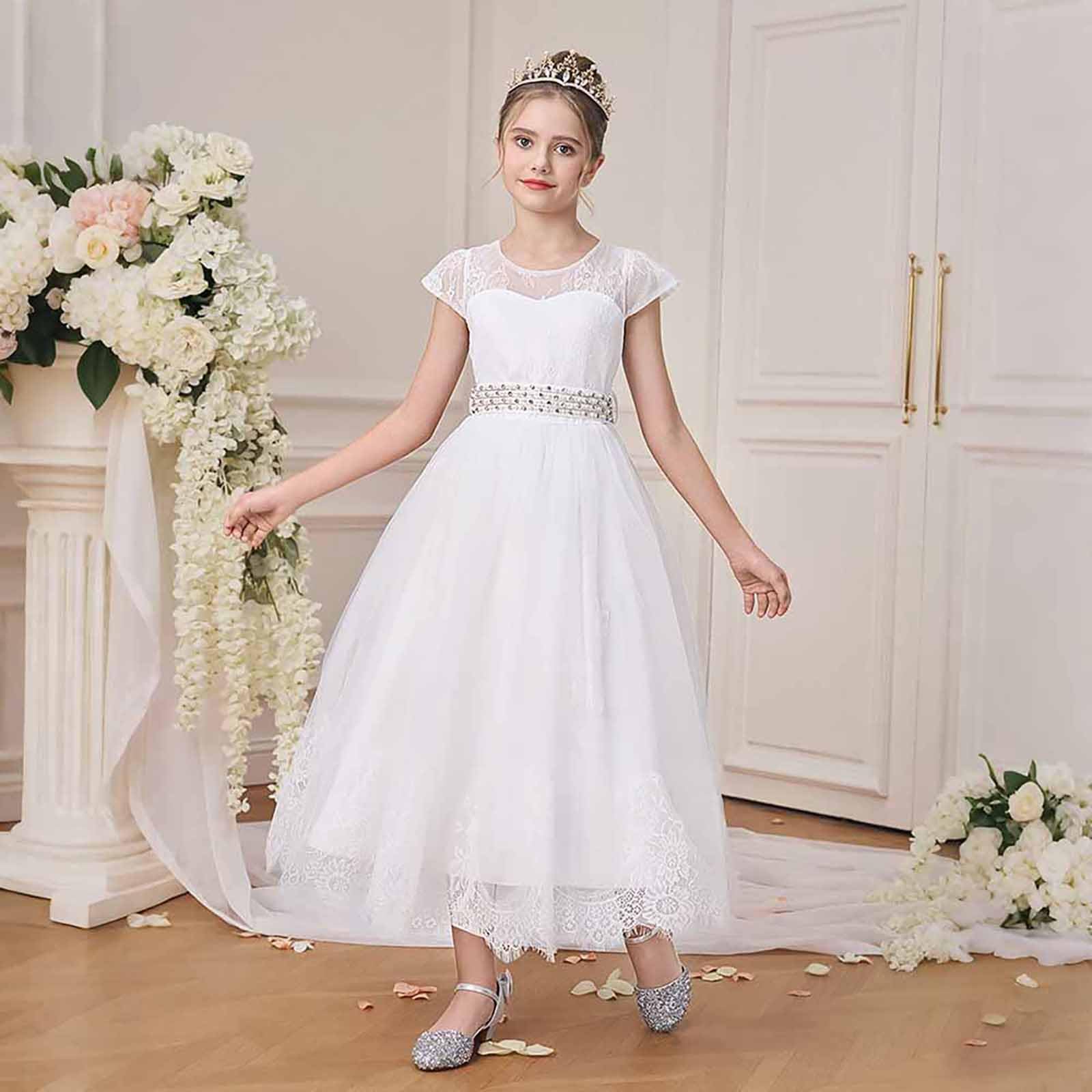 Prima Comunione Bambina 4-14 Anni in Misto Cotone con Maniche Corte e Gonna in Tulle Vestito Cerimonia Elegante Comunione Vestiti Abito Damigella Vestito Principessa per Festa, Spettacoli,