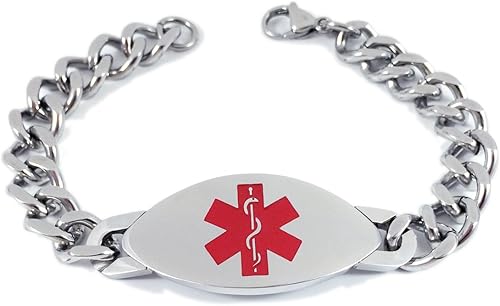 Pulsera de acero inoxidable pesado para hombre con identificación de alerta médica para diabetes tipo 1 con cadena de 8 pulgadas, Acero inoxidable,