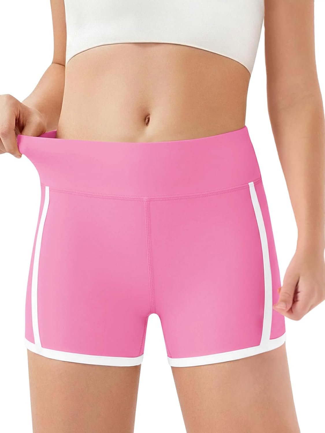 Haloumoning Girls Athletic Shorts Kids Workout High Waisted Contrast Trim Biker Volleyball Dance Spandex Shorts 5-14 Years