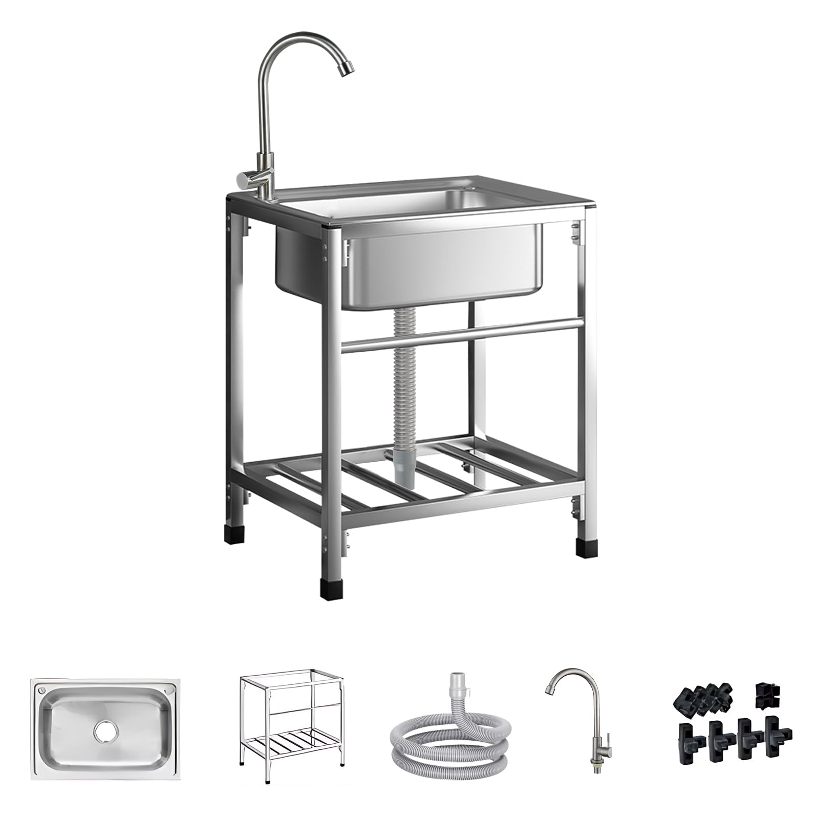 TAXXII Kitchen Sink Single Trough, Commercial Bowl Sinks Prep Utility with Faucet Stainless Steel Free Standing for Garage Basement Outdoor Camping Garden Laundry 52X38cm