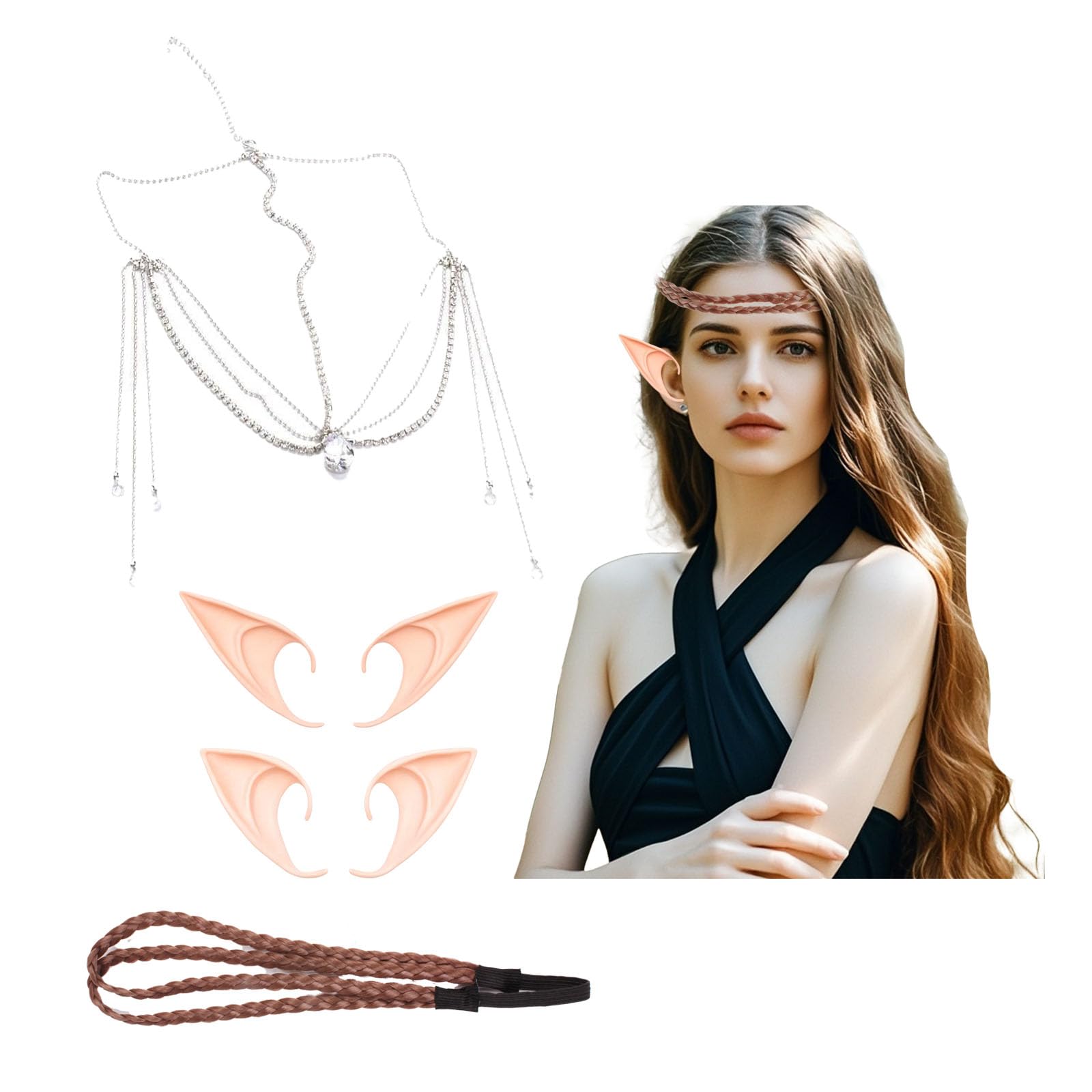 Elf Set Headpiece Forehead Jewellery Hairpiece Braided Hair Scrunchie Elastic Hair Bands Elf Ears Long Short Angel Ears Cosplay Halloween Carnival