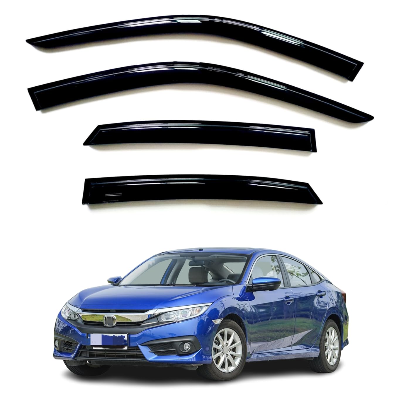 2016 Honda Civic Hood 2016-2021 Honda Civic Sedan 4-Piece Window Visor & Rain Guard Set - Black, Shatterproof, Adhesive Mount 2016 Honda Civic Windshield Wiper - Foto 8