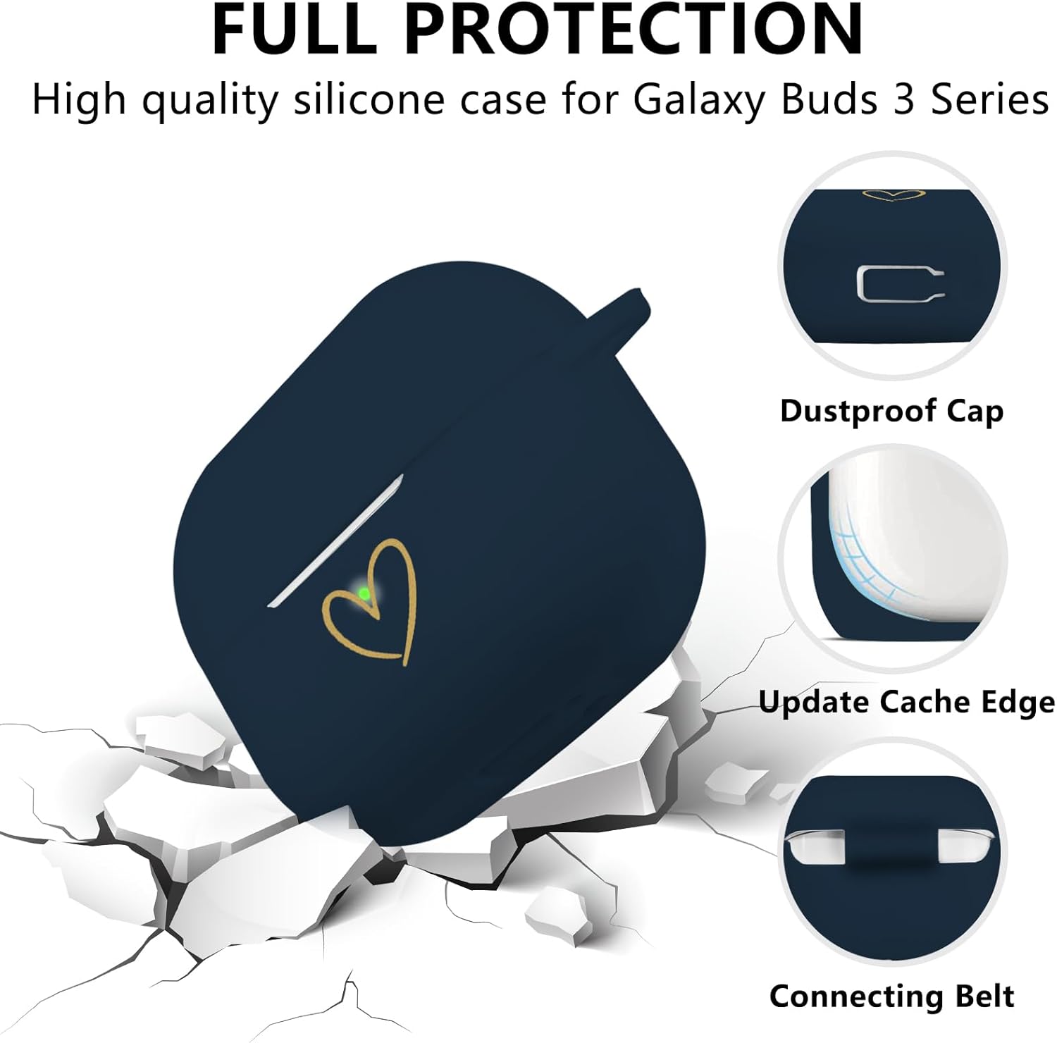 Compatible with Samsung Galaxy Buds 3 Pro and Galaxy Buds 3 (2024), Soft Silicone Case with Gold Heart Pattern with Cute Butterfly Keychain for Girls Women (Midnight Blue) - Image 2